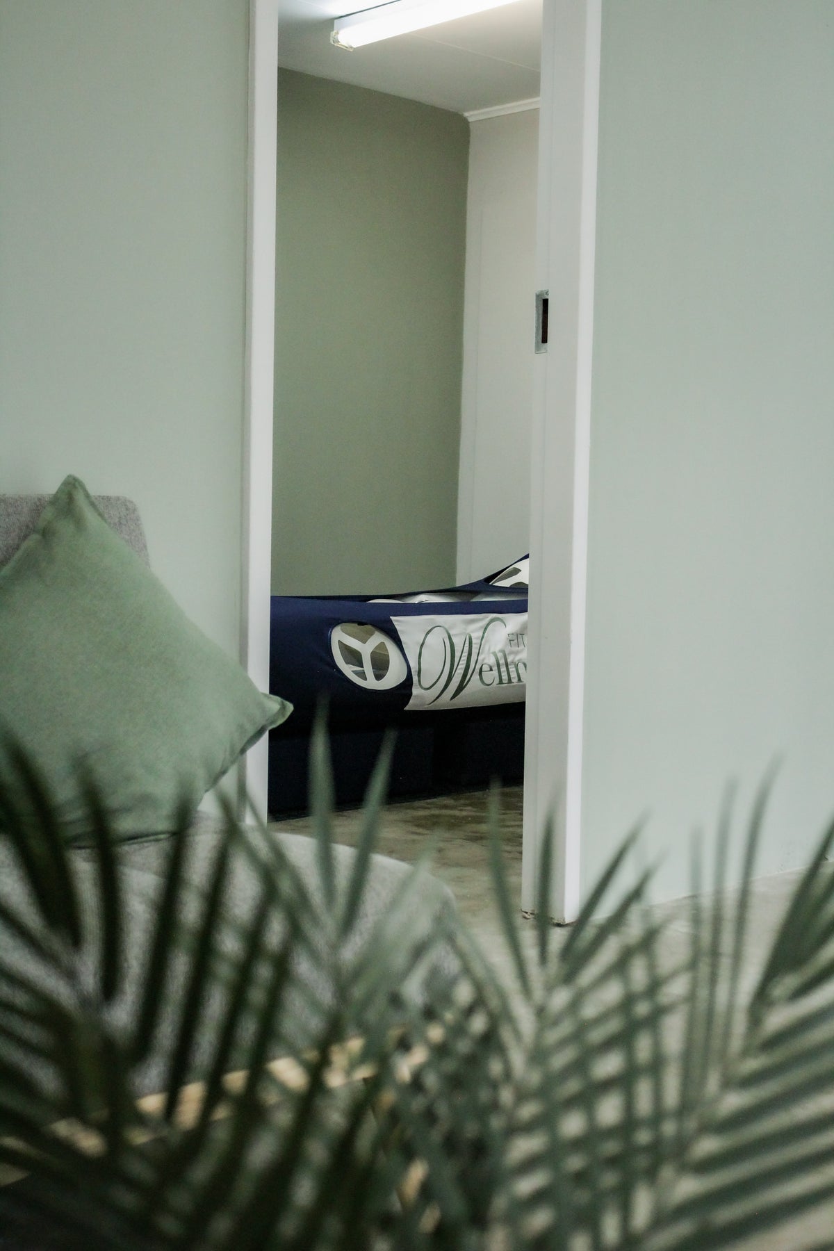 Recovery room with a MHBOT partially obscured by leaves, in Fitberi Wellness Pretoria